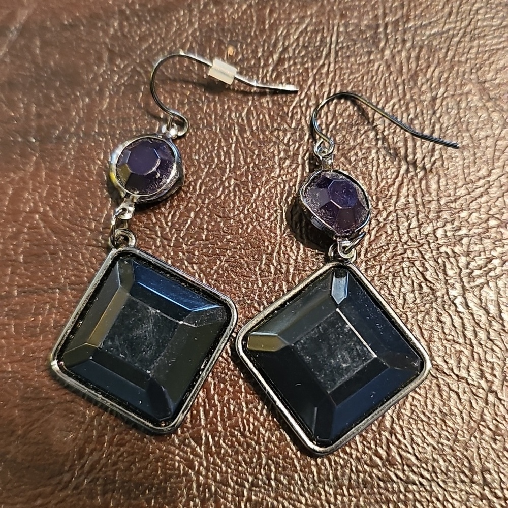 Black Crystal Drop Earrings - Women Jewelry Silver Cocktail Formal Prom - Picture 4 of 4